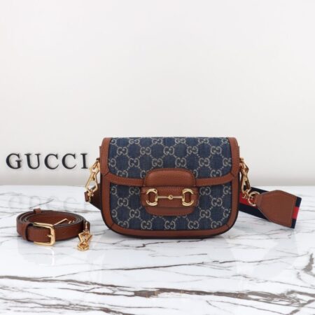 Top Quality Gucci Horsebit 1955 Double G Mini Denim