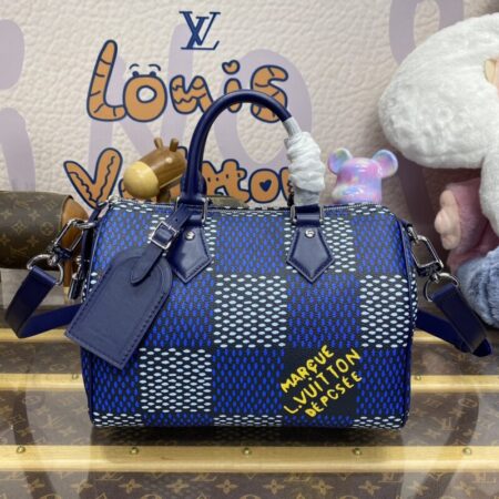 Top Quality LV Speedy Bandouliere 25 Blue Grid